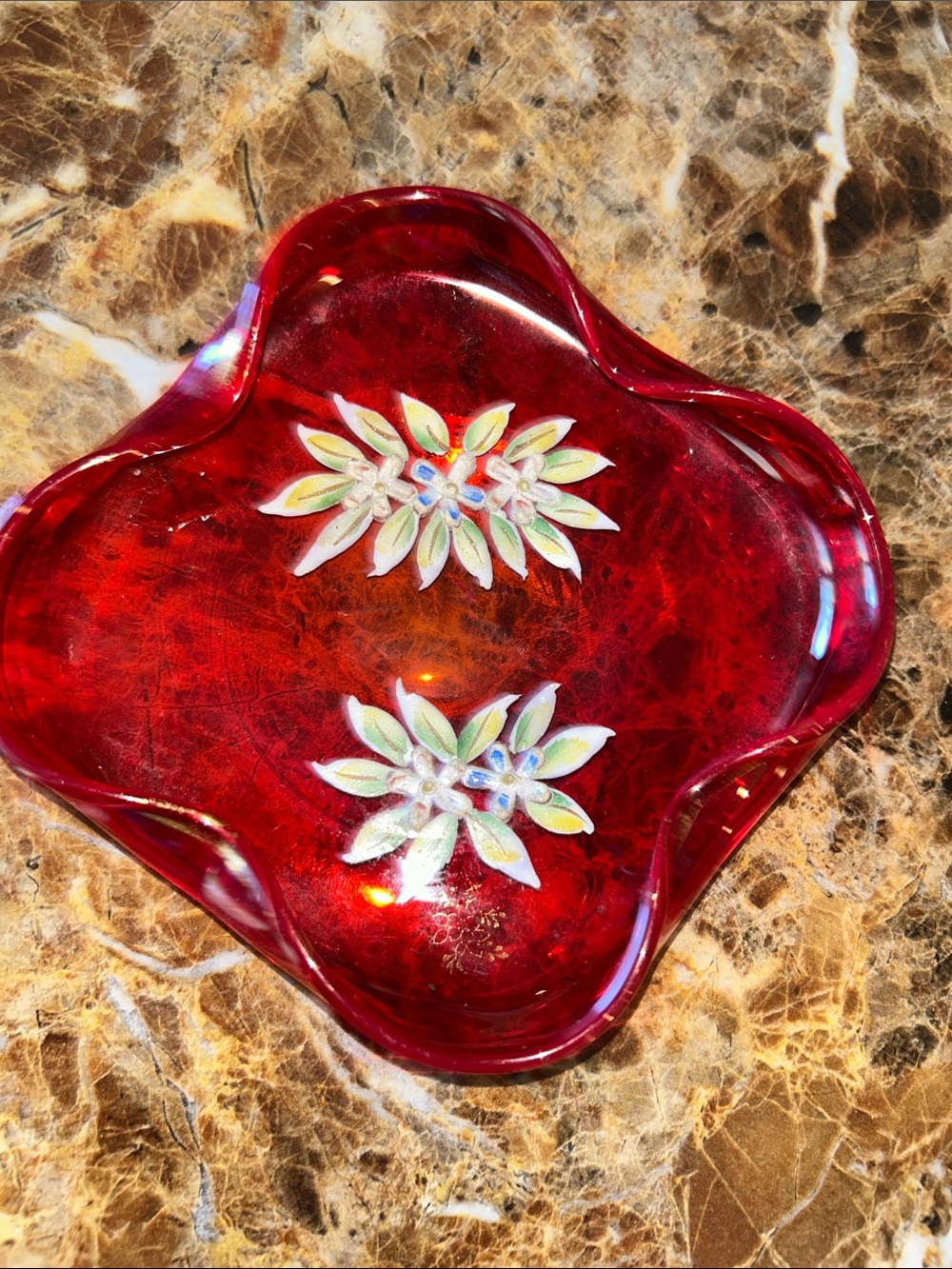 Vintage red art glass ashtray